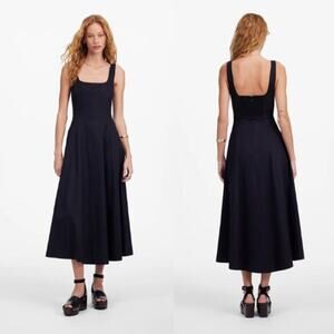 Madewell Women's Linen Seamed Squareneck Midi Dress NU559 Jet Black Size 6 NWT